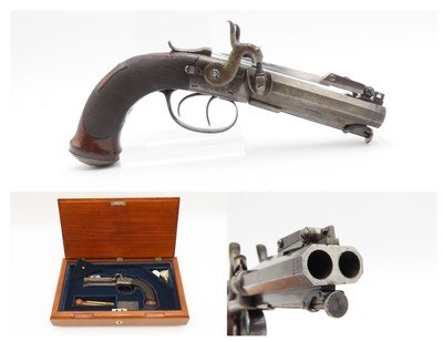 English ENGRAVED Antique BLANCH DOUBLEBARREL Percussion Pistol SNAP BAYONET With Custom Fitted Wooden Case - Image 1 of 17