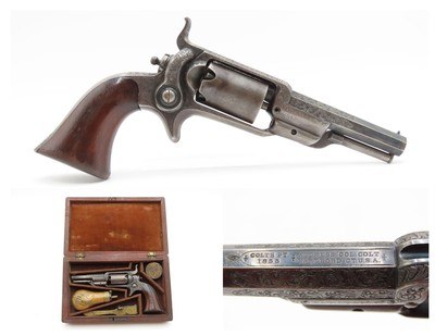 GUSTAVE YOUNG ENGRAVED Antique COLT 1855 ROOT Sidehammer Revolver CASEDPERCUSSION .28 Caliber Revolver w/ACCESSORIES - Image 1 of 20