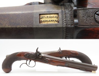 Antique ENGRAVED PAIR British RUMBOLD Percussion DUELING/OFFICER’S PistolsInscribed GOLD & SILVER ACCENTED Conversion Pistols - Image 1 of 25
