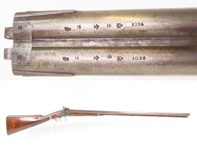 ENGLISH Antique R. HUGHES 14 Bore Double Barrel Percussion SHOTGUN ENGRAVED British SIDE x SIDE with GAME SCENE ENGRAVING