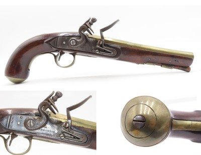 Early 1800s Antique BRASS BARREL British FLINTLOCK Pistol TOWER STYLE PROOFS LIGHTLY ENGRAVED Handgun with BRASS FURNITURE