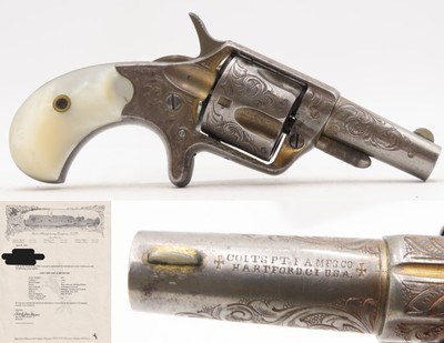 LETTERED Antique Engraved Gold COLT NEW LINE .41 RF Revolver w/PEARL GRIPSNEW YORK Shipped to SCHUYLER, HARTLEY & GRAHAM - Image 1 of 20