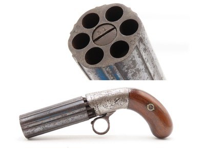 CIVIL WAR Era Antique BLUNT & SYMS Percussion PEPPERBOX Pistol WILD WESTScarce ENGRAVED Underhammer Ring Trigger Revolver