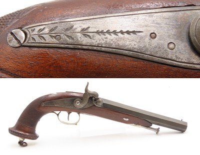ENGRAVED Antique BELGIAN French Style Large Bore “MANSTOPPER” Perc. PistolMid-19th Century SELF DEFENSE Single Shot Pistol - Image 1 of 18