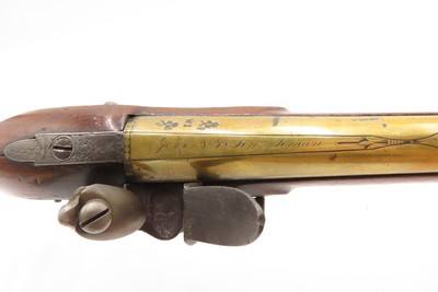 BRACE of REVOLUTIONARY WAR Era Brass Barrel JOVER & SON Flintlock Pistols - Image 10 of 25
