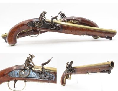 BRACE of REVOLUTIONARY WAR Era Brass Barrel JOVER & SON Flintlock Pistols - Image 1 of 25