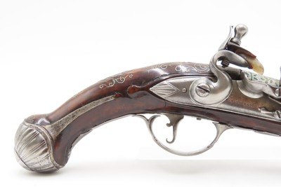 BRACE of BRASS & SILVER INLAID Antique OTTOMAN Flintlock HOLSTER Pistols“M.A. GIVRATI” Marked Mid to Late 1700s Pistols - Image 16 of 25