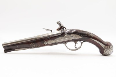BRACE of BRASS & SILVER INLAID Antique OTTOMAN Flintlock HOLSTER Pistols“M.A. GIVRATI” Marked Mid to Late 1700s Pistols - Image 8 of 25