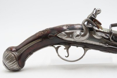 BRACE of BRASS & SILVER INLAID Antique OTTOMAN Flintlock HOLSTER Pistols“M.A. GIVRATI” Marked Mid to Late 1700s Pistols - Image 2 of 25