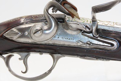 BRACE of BRASS & SILVER INLAID Antique OTTOMAN Flintlock HOLSTER Pistols“M.A. GIVRATI” Marked Mid to Late 1700s Pistols - Image 24 of 25