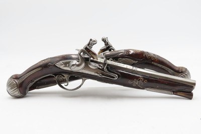 BRACE of BRASS & SILVER INLAID Antique OTTOMAN Flintlock HOLSTER Pistols“M.A. GIVRATI” Marked Mid to Late 1700s Pistols - Image 4 of 25