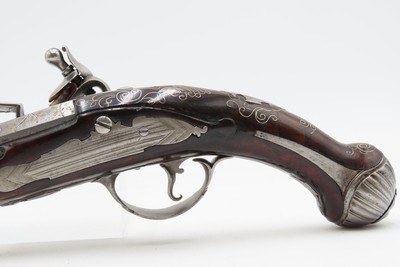 BRACE of BRASS & SILVER INLAID Antique OTTOMAN Flintlock HOLSTER Pistols“M.A. GIVRATI” Marked Mid to Late 1700s Pistols - Image 7 of 25
