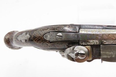 BRACE of BRASS & SILVER INLAID Antique OTTOMAN Flintlock HOLSTER Pistols“M.A. GIVRATI” Marked Mid to Late 1700s Pistols - Image 11 of 25