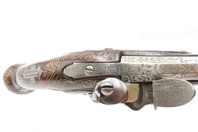 BRACE of BRASS & SILVER INLAID Antique OTTOMAN Flintlock HOLSTER Pistols“M.A. GIVRATI” Marked Mid to Late 1700s Pistols - Image 10 of 25
