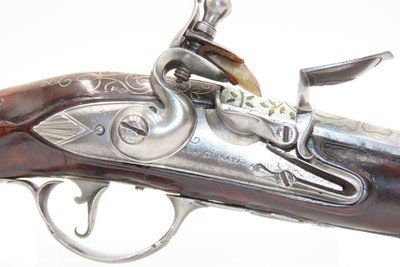 BRACE of BRASS & SILVER INLAID Antique OTTOMAN Flintlock HOLSTER Pistols“M.A. GIVRATI” Marked Mid to Late 1700s Pistols - Image 20 of 25