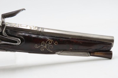 BRACE of BRASS & SILVER INLAID Antique OTTOMAN Flintlock HOLSTER Pistols“M.A. GIVRATI” Marked Mid to Late 1700s Pistols - Image 6 of 25
