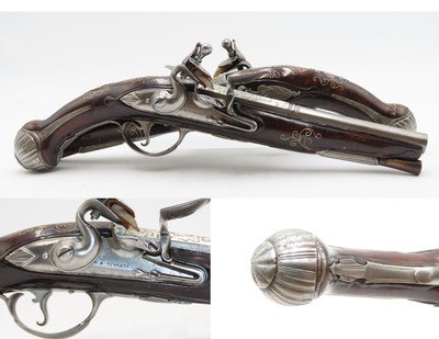 BRACE of BRASS & SILVER INLAID Antique OTTOMAN Flintlock HOLSTER Pistols“M.A. GIVRATI” Marked Mid to Late 1700s Pistols - Image 3 of 25