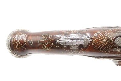 BRACE of BRASS & SILVER INLAID Antique OTTOMAN Flintlock HOLSTER Pistols“M.A. GIVRATI” Marked Mid to Late 1700s Pistols - Image 17 of 25
