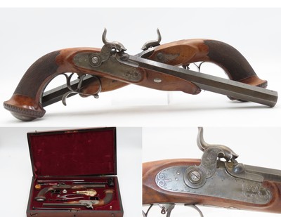 CASED Antique PAIR of ENGRAVED European Percussion DUELING & TARGET Pistols ATTRACTIVE Mid-19th Century BRACE w/ACCESSORIES - Image 1 of 25