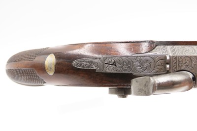 Antique CASED PAIR of ENGRAVED Belgian Percussion DUELING/TARGET PistolsATTRACTIVE “N. Chaumont” Gold Inlaid BRACE w/ACCESSORIES - Image 9 of 25