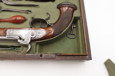 Antique CASED PAIR of ENGRAVED Belgian Percussion DUELING/TARGET PistolsATTRACTIVE “N. Chaumont” Gold Inlaid BRACE w/ACCESSORIES - Image 13 of 25