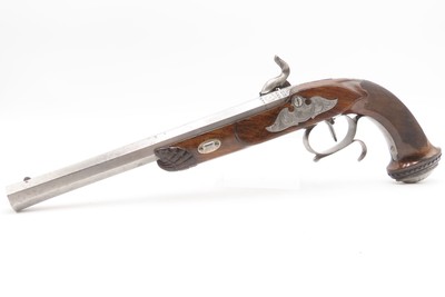 Antique CASED PAIR of ENGRAVED Belgian Percussion DUELING/TARGET PistolsATTRACTIVE “N. Chaumont” Gold Inlaid BRACE w/ACCESSORIES - Image 16 of 25