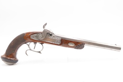 Antique CASED PAIR of ENGRAVED Belgian Percussion DUELING/TARGET PistolsATTRACTIVE “N. Chaumont” Gold Inlaid BRACE w/ACCESSORIES - Image 18 of 25