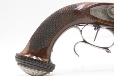 Antique CASED PAIR of ENGRAVED Belgian Percussion DUELING/TARGET PistolsATTRACTIVE “N. Chaumont” Gold Inlaid BRACE w/ACCESSORIES - Image 4 of 25