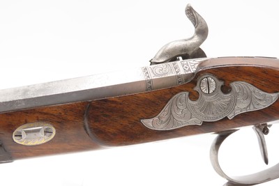 Antique CASED PAIR of ENGRAVED Belgian Percussion DUELING/TARGET PistolsATTRACTIVE “N. Chaumont” Gold Inlaid BRACE w/ACCESSORIES - Image 3 of 25