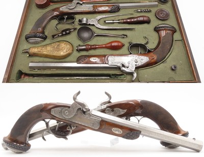 Antique CASED PAIR of ENGRAVED Belgian Percussion DUELING/TARGET PistolsATTRACTIVE “N. Chaumont” Gold Inlaid BRACE w/ACCESSORIES - Image 1 of 25