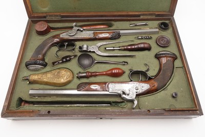 Antique CASED PAIR of ENGRAVED Belgian Percussion DUELING/TARGET PistolsATTRACTIVE “N. Chaumont” Gold Inlaid BRACE w/ACCESSORIES - Image 24 of 25