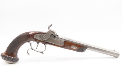 Antique CASED PAIR of ENGRAVED Belgian Percussion DUELING/TARGET PistolsATTRACTIVE “N. Chaumont” Gold Inlaid BRACE w/ACCESSORIES - Image 21 of 25