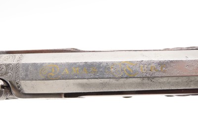 Antique CASED PAIR of ENGRAVED Belgian Percussion DUELING/TARGET PistolsATTRACTIVE “N. Chaumont” Gold Inlaid BRACE w/ACCESSORIES - Image 22 of 25