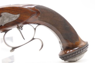 Antique CASED PAIR of ENGRAVED Belgian Percussion DUELING/TARGET PistolsATTRACTIVE “N. Chaumont” Gold Inlaid BRACE w/ACCESSORIES - Image 25 of 25