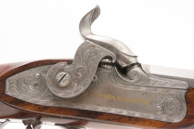 Antique CASED PAIR of ENGRAVED Belgian Percussion DUELING/TARGET PistolsATTRACTIVE “N. Chaumont” Gold Inlaid BRACE w/ACCESSORIES - Image 5 of 25