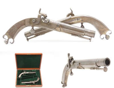 Engraved CASED PAIR Antique SCOTTISH Full Metal Percussion CAMPBELL Pistols Mid-1800s Etched HIGHLANDS Finished in SILVER & GOLD - Image 1 of 25