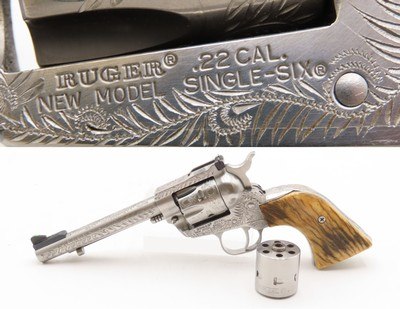 ENGRAVED RUGER New Model SINGLE SIX .22 LR Single Action Revolver Very FINE With MATCHING .22 WMRF Extra Cylinder & STAG GRIPS - Image 1 of 19