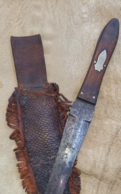Antique Bowie Knife with Native American Indian Beaver Tail Skin Sheath - Image 2 of 9