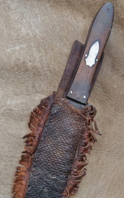Antique Bowie Knife with Native American Indian Beaver Tail Skin Sheath - Image 1 of 9