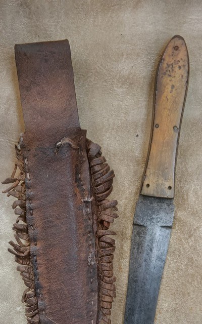 Antique Bowie Knife with Native American Indian Beaver Tail Skin Sheath - Image 6 of 9
