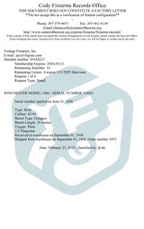 Winchester 1886 .45-90 - 1/2 MAG, 28” OCTAGON, CODY LETTER, vintage firearms inc - 21 of 21