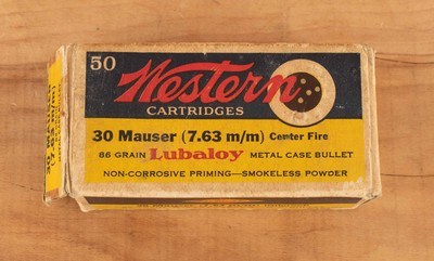 Western .30 Mauser (7.63x25mm) ammunition – FULL BOX OF 50, RARE, vintage firearms - Image 1 of 2