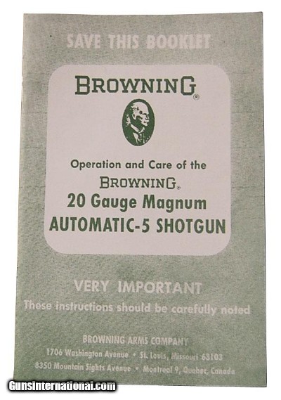 Op & Care of the Browning 20 Ga Magnum Automatic 5 Shotgun