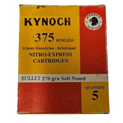 Kynoch .375 Rimless (.9.5mm Mannlicher-Schonauer) - Nitro Express Cartridges - 270 Grain Soft-Nosed - 5 Count (6 AVAILABLE) - Image 1 of 1