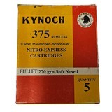 Kynoch .375 Rimless (.9.5mm Mannlicher-Schonauer) - Nitro Express Cartridges - 270 Grain Soft-Nosed - 5 Count (6 AVAILABLE) - Image 1 of 1