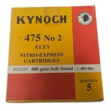 Kynoch .475 No. 2 Eley - Nitro Express Cartridges - 480 Grain Soft-Nosed - 5 Count (10 AVAILABLE) - Image 1 of 1