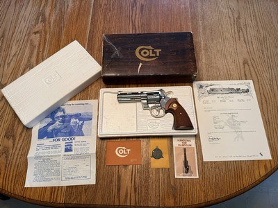 High Condition Collector Grade 1977 Bright Nickel 4” Colt Python .357 Magnum with Original Box and Colt Archive Letter - Image 1 of 15