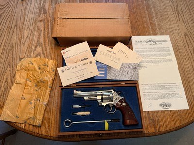High Condition Collector Grade 1979 Bright Nickel 5” S&W 27-2 .357 Mag P&R 3Ts with Wooden Presentation Case, Outer Shipping Box, & Archive Letter - Image 1 of 15