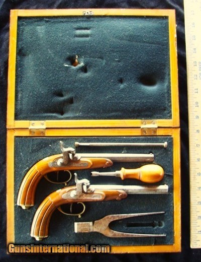 Antique European Dueling Pistol Set Cased with Accessories