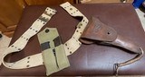 MILITARY ISSUE = WW 1 CANVAS WEB BELT, WW 2 LEATHER FLAP HOLSTER - MAGAZINE POUCH = TWO MAGAZINES = BRASS FURNITURE